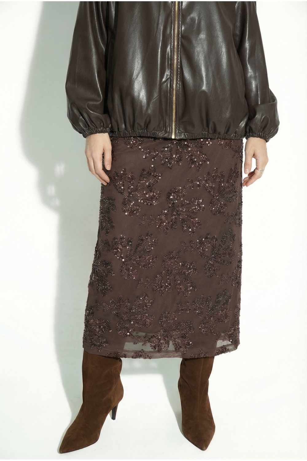 Maxi skirt à paillettes chocolat fabriquée en Italie