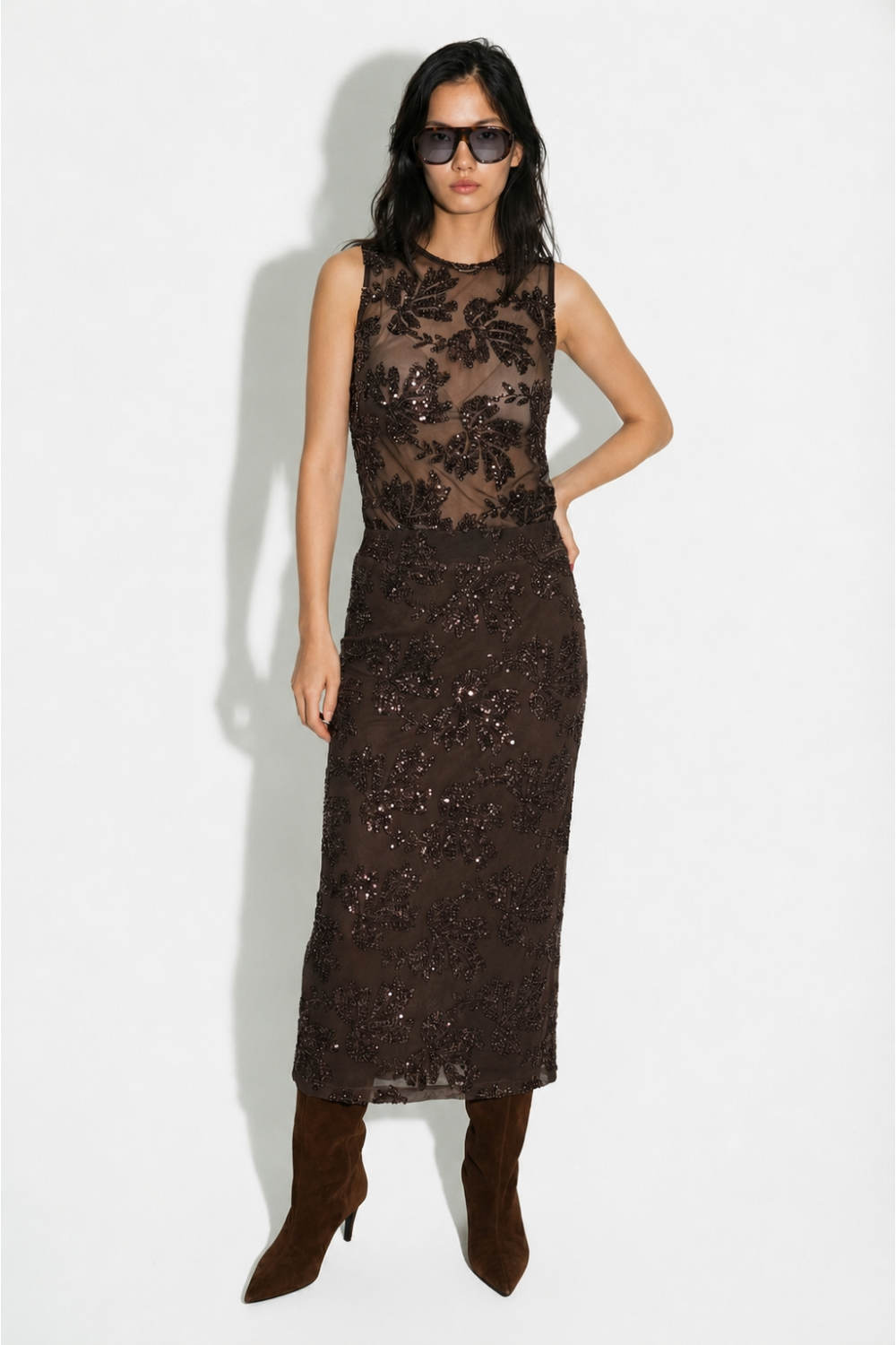 Maxi skirt à paillettes chocolat fabriquée en Italie