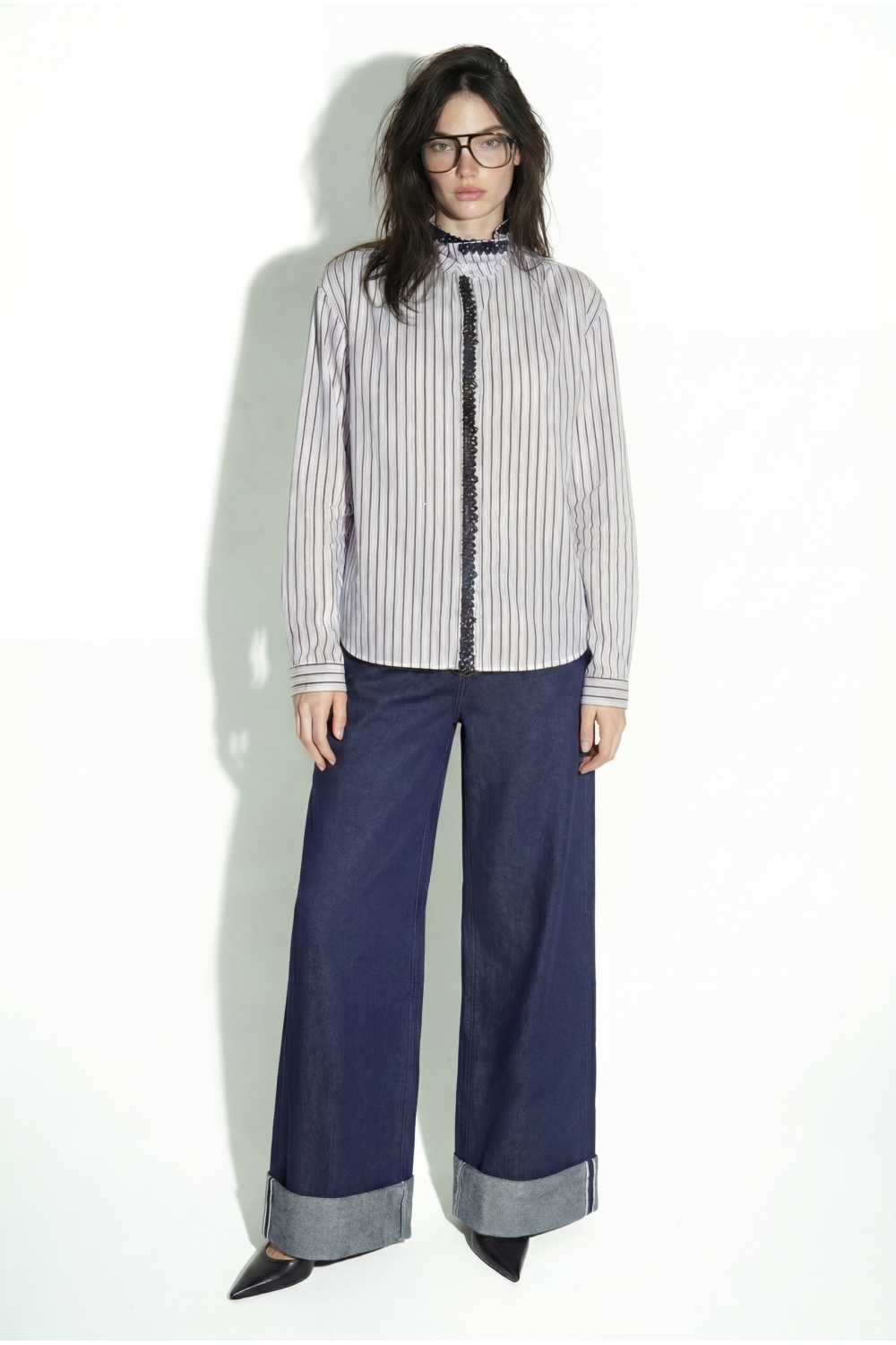 Chemise Malia Rayures et broderie en velour light blue fabriqué en Italie