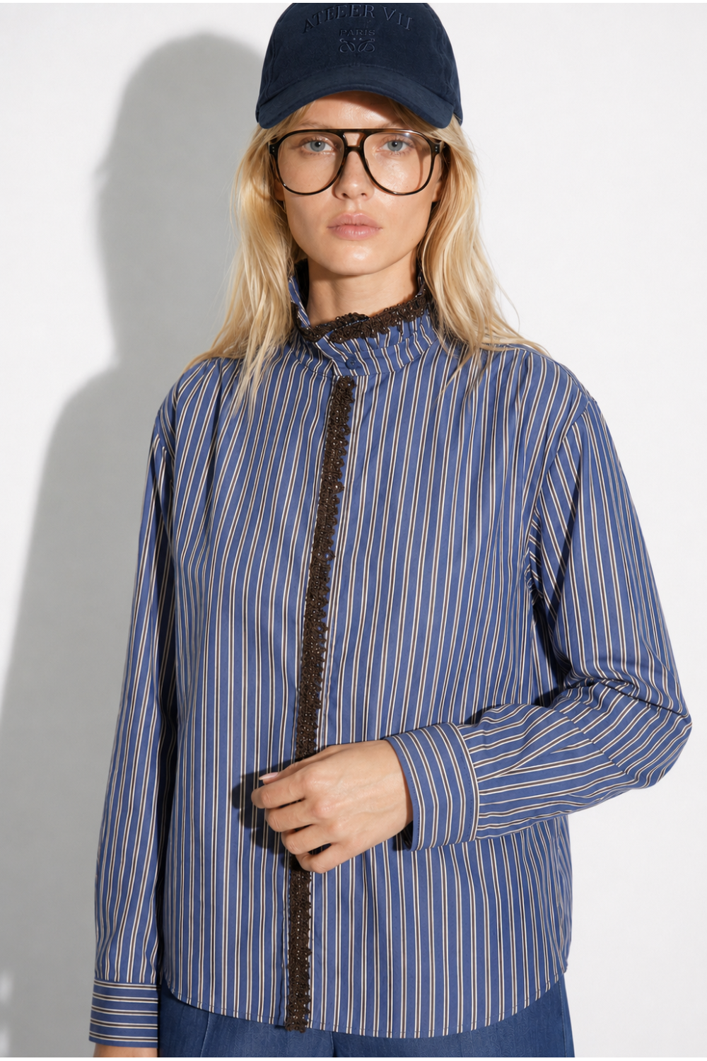 CHEMISE MALIA RAYURE BRODERIE VELOUR ROYAL
