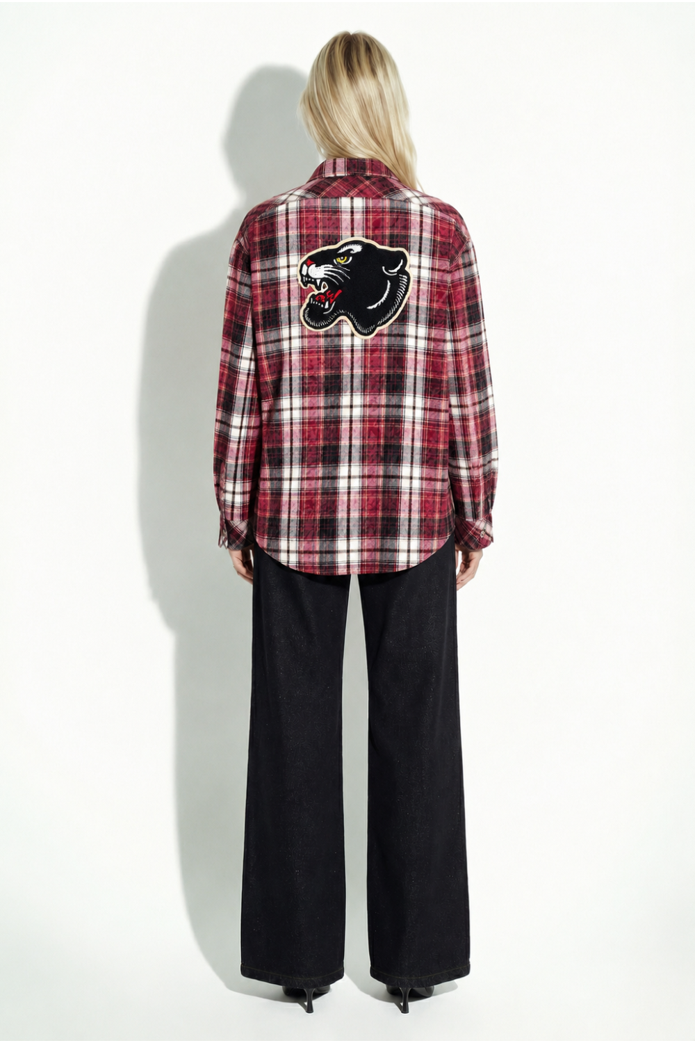 Harper used shirt in burgundy plaid with panther embroidery, made in Italy.